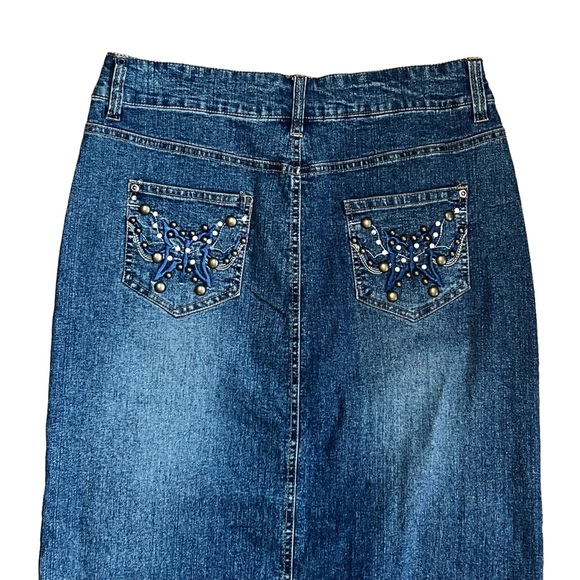Hip Jeans Sz M VTG Denim Maxi Skirt Y2K Butterfly Rhinestone Embroidered - Picture 7 of 10